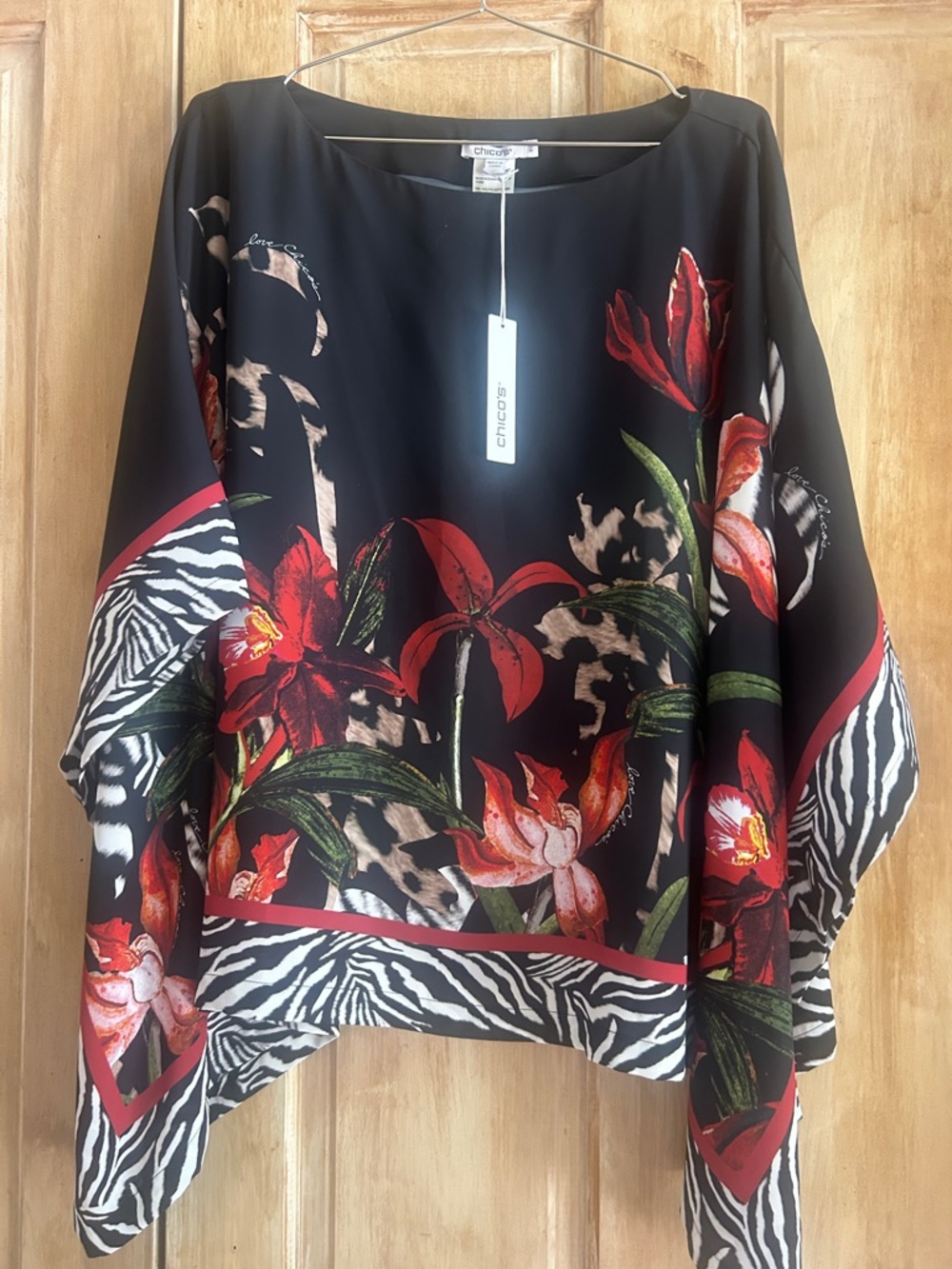 Chico's Black Floral Poncho with Red & Green Accents and Zebra Trim NWT S/M